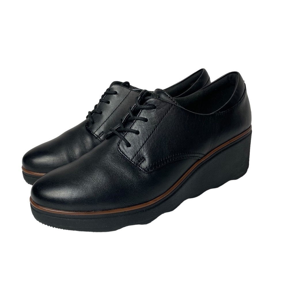 Clarks Women's Sharon Noel Oxford black leather platform wedge lace up Size 9 M - Picture 2 of 8